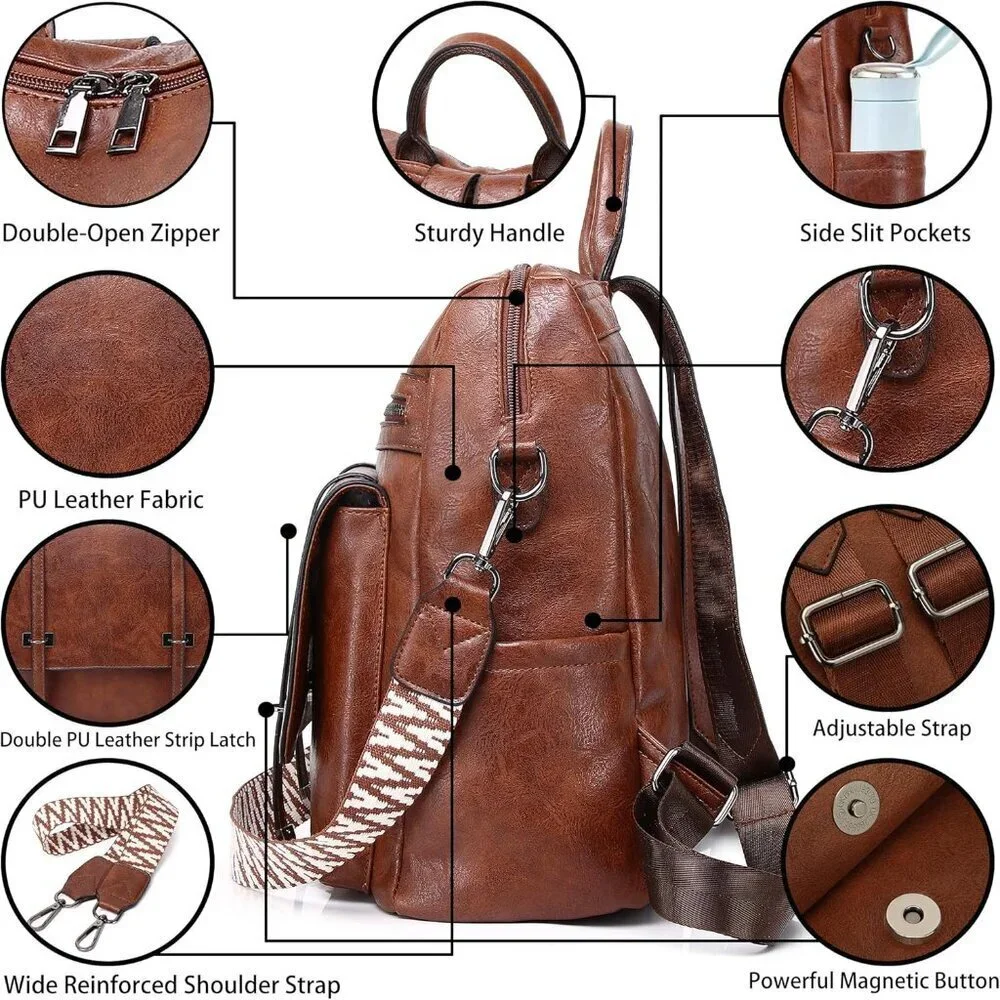 PU Leather Backpack Purse Women Medium Size Convertible Shoulder Bag